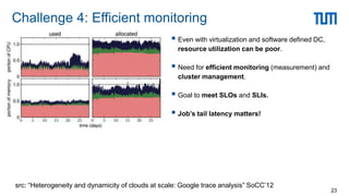  Even with virtualization and software defined DC,
resource utilization can be poor.
 Need for efficient monitoring (measurement) and
cluster management.
 Goal to meet SLOs and SLIs.
 Job’s tail latency matters!
Challenge 4: Efficient monitoring
23
src: “Heterogeneity and dynamicity of clouds at scale: Google trace analysis” SoCC’12
 