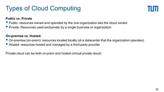 Public vs. Private
 Public: resources owned and operated by the one organization aka the cloud vendor
 Private: Resources used exclusively by a single business or organization
On-premise vs. Hosted:
 On-premise (on-prem): resources located locally (at a datacenter that the organization operates)
 Hosted: resources hosted and managed by a third-party provider
Private cloud can be both on-prem and hosted (virtual private cloud)
Types of Cloud Computing
38
 