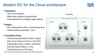 Modern DC for the Cloud architecture
6
 Geography:
 Two or more regions
 Meets data residency requirements
 Fault-tolerant from complete region failures
 Region:
 Set of datacenters within a metropolitan area
 Network latency perimeter < 2ms
 Availability Zones:
 Unique physical locations within a region
 Each zone made up of one or more DCs
 Independent power, cooling, networking
 Inter-AZ network latency < 2ms
 Fault tolerance from DC failure
Src: Inside Azure Datacenter Architecture with Mark Russinovich
 