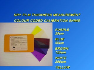DRY FILM THICKNESS MMEEAASSUURREEMMEENNTT 
CCOOLLOOUURR CCOODDEEDD CCAALLIIBBRRAATTIIOONN SSHHIIMMSS 
PPUURRPPLLEE 
2255uumm 
BBLLUUEE 
5500uumm 
BBRROOWWNN 
112255uumm 
WWHHIITTEE 
225500uumm 
YYEELLLLOOWW 
550000uumm 
 