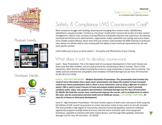 SafeWorkday SafetyPoints
An Consolidated Digital Publishing Company
TM
Safety & Compliance LMS Courseware CaaP
BROCHURE
Most companies struggle with building, acquiring and managing their content assets. SafeWorkday
SafetyPoints uniquely provides “Content as a Purchase” (CaaP) which removes the burden of online content
management, reduces costs, increases training efficiency and greatly improves user experience. By reducing
overhead and infrastructure administration, organizations realize substantial cost savings and ensure faster,
more reliable content delivery. Much more than just content, CaaP provides the RAW materials to build your
own, deliver our off-the-shelf to start training with the ability to have continual improvement for site and
work specific content.
CaaP enables you to focus on what matters--- the quality and effectiveness of your training.
Level I - Basic Presentation. This is the lowest level of courseware development in that Level I lessons are
linear (one idea after another), and are used primarily for introducing an idea or concept. There is little
interaction, other than the student touching the screen or using a keystroke or mouse click to continue. The
media used are primarily text and graphics (not complex). Estimated Average Cost per Hour Of Instruction -
$1,901.00 to $2,170.00
Level II - OUR CDP CORE MODEL - Medium Simulation Presentation. This presentation level involves the
recall of more information than a basic Level I presentation and allows the student to have increased
control over lesson presentation; that is, there is more interaction, such as using a light pen to rotate a
switch. CMI is used in Level II lessons to track and analyze student performance. Level II normally
combines audio, video, text, graphics and animation. Estimated Average Cost Per Hour Of Instruction -
$3,768.00. We build the courses once, continuously improve the courses, sell to multiple firms to reduce
the costs. Lets be conservative and price build cost at $2500 per course.... 75 X $2500 = $187,500... Or
more for in-house or third party development.
Level III - High Simulation Presentation. This level involves aspects of both Level I and Level II while using the
full abilities of ICW. Level III may present on screen interaction similar to that used in an aircraft simulator.
This level provides a high degree of interactivity, extensive branching capability, maximum mediation
opportunity (supports multiple levels of errors), real-time event simulation with minor equipment
limitations, capability to interface with other output devices, and thorough CMI capability. Estimated
Average Cost Per Hour Of Instruction - $7,183.00
Playback friendly…
What does it cost to develop courseware
Developer friendly…
 