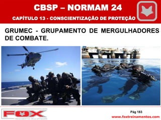 www.foxtreinamentos.com
GRUMEC - GRUPAMENTO DE MERGULHADORES
DE COMBATE.
Pág 183
CBSP – NORMAM 24
CAPÍTULO 13 - CONSCIENTIZAÇÃO DE PROTEÇÃO
 
