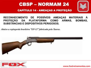 www.foxtreinamentos.com
RECONHECIMENTO DE POSSÍVEIS AMEAÇAS MATERIAIS À
PROTEÇÃO DA PLATAFORMA COMO ARMAS, BOMBAS,
SUBSTÂNCIAS E DISPOSITIVOS PERIGOSOS.
Abaixo a espingarda brasileira “EP-12” fabricada pela Taurus.
CBSP – NORMAM 24
CAPÍTULO 14 - AMEAÇAS A PROTEÇÃO
 