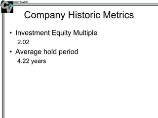CONTRAVEST
Company Historic Metrics
• Investment Equity Multiple
2.02
• Average hold period
4.22 years
 