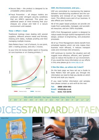 • Secure  Data – the product is designed to be                         CDP, the Environment, and you…
                  unreadable unless opened.                                           CDP are committed to maintaining the balance
                                                                                      between manufacturing excellence and the sus-
               • Fraud   Prevention – all cheque mailers are
                                                                                      tainability and renewal of our fragile environ-
                  produced under stringent security conditions
                                                                                      ment. This affects every part of our business. It
                  that are APAC’s approved. This gives you
                                                                                      also affects your business…
                  additional peace of mind knowing that your
                  cheques are unique and held in a secure                             All of the paper based products we provide are
                  environment until needed.                                           made from sustainable, managed, and accredit-
                                                                                      ed resources, and are 100% recyclable.
               Time + Effort = Cost
                                                                                      CDP’s Print Management system is designed to
               Traditional mailings mean dealing with several                         reduce waste through dutiful management of the
               suppliers, different artwork needs and formats,                        design, product re-engineering, and production
               chasing print dates, multiple proofing and then                        processes.
               managing multiple invoices.
                                                                                      All of our Print Management clients benefit from
               Data Mailers have 1 set of artwork, to one point,
                                                                                      scheduled logistics which not only makes their
               with 1 mailing process, and only 1 invoice.
                                                                                      business more efficient, it reduces transport
               Is your time (& money) better spent on focusing                        costs and minimises C02 emissions.
               on core business or on chasing printers…?
                                                                                      CDP continues to monitor the situation and will
                                                                                      suggest more effective, efficient, and “greener”
                                                                                      ways to reduce the burden on our environment.
                                                                                      If you would like more information on our efforts
                                                                                      in this area please go to www.cdp.co.uk

                                                                                      I like the idea…so where do I start?

                                                                                      On the back page we have set out a Guide to
                                                                              COST
               TIME




                                                                                      Data Mailers that will guide you through the
                                                                                      information we need to help you decide on which
                                                                                      format and style you require.

                                                                                      If you need further information and samples
                                                                                      then please contact us and we’ll do the rest:

                                                                                      Tel:     0800 1954 991
                                               EFFORT
                                                                                      Email: info@cdp.co.uk
                              Traditional mailers           Data mailers
                                                                                      Fax:     0151 724 6478


                                          PEEL-APART MAILERS: Peel Apart, Standard, Zipper, Grip & Pull
                       2
                3"    3 /3"    4"         41/2"     41/4"    5"       51/2"   6"     61/2"   71/3"   8"   81/2"   9"   10"    11"   12"




OICESSTANDARDDATAEN
 Grip & Pull                                        Peel-out cards                               "DoubleTake" form and card
 