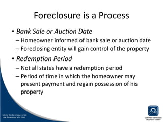 Foreclosure is a Process Bank Sale or Auction Date   Homeowner informed of bank sale or auction date  Foreclosing entity will gain control of the property  Redemption Period Not all states have a redemption period Period of time in which the homeowner may present payment and regain possession of his property  