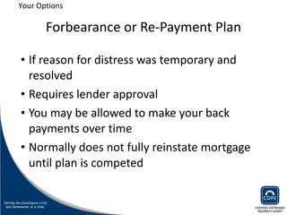 Forbearance or Re-Payment Plan If reason for distress was temporary and resolved Requires lender approval You may be allowed to make your back payments over time Normally does not fully reinstate mortgage until plan is competed  Your Options 