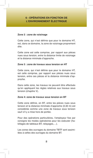 6 - OPÉRATIONS EN FONCTION DE 
L’ENVIRONNEMENT ÉLECTRIQUE 
Zone 2 : zone de voisinage 
Cette zone, qui n’est définie que pour le domaine HT, est, dans ce domaine, la zone de voisinage proprement dite. 
Cette zone est celle comprise, par rapport aux pièces nues sous tension, entre la distance limite de voisinage et la distance minimale d’approche. 
Zone 3 : zone de travaux sous tension en HT 
Cette zone, qui n’est définie que pour le domaine HT, est celle comprise, par rapport aux pièces nues sous tension, entre ces pièces et la distance minimale d’approche. 
Dans cette zone, les travaux ne peuvent être effectués qu’en appliquant les règles relatives aux travaux sous tension (chapitre V). 
Zone 4: zone de travaux sous tension en BT 
Cette zone définie, en BT, entre les pièces nues sous tension et la distance minimale d’approche (0,30 m) est considérée comme une zone de travaux sous tension sauf s’il y a mise hors de portée. 
Pour des opérations particulières, l’employeur fixe par consigne les modes opératoires pour les exécuter (habillages de tableaux BT, relayages,…). 
Les zones des ouvrages du domaine TBTF sont assimilées à celles des ouvrages du domaine BT. 
8  