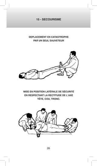 26 
15 - SECOURISME 
DEPLACEMENT EN CATASTROPHE 
PAR UN SEUL SAUVETEUR 
MISE EN POSITION LATÉRALE DE SÉCURITÉ 
EN RESPECTANT LA RECTITUDE DE L’AXE 
TÊTE, COU, TRONC.  