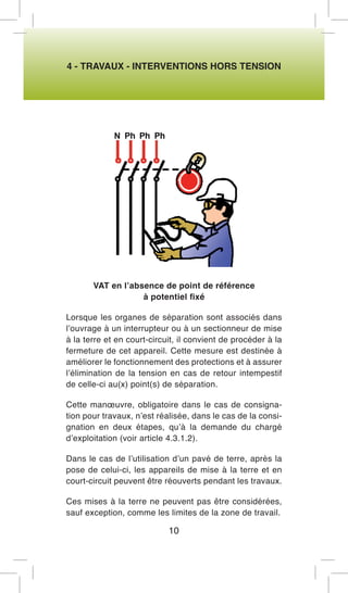 4 - TRAVAUX - INTERVENTIONS HORS TENSION 
VAT en l’absence de point de référence 
à potentiel fixé 
Lorsque les organes de séparation sont associés dans l’ouvrage à un interrupteur ou à un sectionneur de mise à la terre et en court-circuit, il convient de procéder à la fermeture de cet appareil. Cette mesure est destinée à améliorer le fonctionnement des protections et à assurer l’élimination de la tension en cas de retour intempestif de celle-ci au(x) point(s) de séparation. 
Cette manoeuvre, obligatoire dans le cas de consignation pour travaux, n’est réalisée, dans le cas de la consignation en deux étapes, qu’à la demande du chargé d’exploitation (voir article 4.3.1.2). 
Dans le cas de l’utilisation d’un pavé de terre, après la pose de celui-ci, les appareils de mise à la terre et en court-circuit peuvent être réouverts pendant les travaux. 
Ces mises à la terre ne peuvent pas être considérées, sauf exception, comme les limites de la zone de travail. 
10  