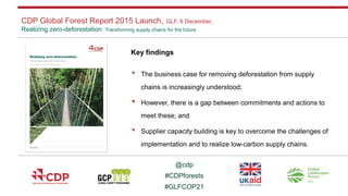 @cdp
#CDPforests
#GLFCOP21
CDP Global Forest Report 2015 Launch, GLF, 6 December,
Realizing zero-deforestation: Transforming supply chains for the future
Key findings
 The business case for removing deforestation from supply
chains is increasingly understood;
 However, there is a gap between commitments and actions to
meet these; and
 Supplier capacity building is key to overcome the challenges of
implementation and to realize low-carbon supply chains.
 