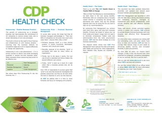 CDP
                                                                                                            Health Check – The Costs…                                                                              Health Check – Next Steps…

                                                                                                            There is no cost! The CDP Health Check is                                                              This document has been carefully researched,
                                                                                                            Totally FREE of Charge.                                                                                amended, and updated over several years




         HEALTH CHECK
                                                                                                                                                                                                                   because markets and businesses change.
                                                                                                            "Why is it free?" By following our recommendations
                                                                                                            we both share in the cost saving benefits.                                                             CDP Print Management was launched in 1974
                                                                                                            Remember, both our companies have a mutually                                                           with the idea that a strong and diverse printing
                                                                                                            vested interest in increasing the savings and                                                          and    marketing    resource,   managed       by
                                                                                                            decreasing your spend. How big the savings                                                             experienced print service professionals, could
                                                                                                            depends upon how far along the line you wish to                                                        provide powerful and cost effective business
                                                                                                            take up our recommendations.                                                                           solutions.

                                                                                                            By embracing Print Management you achieve                                                              Today, with secure, climate controlled logistics
Outsourcing – Positive Business Practice…            Outsourcing Print – Practical Business
                                                                                                            both short term gains and long term business                                                           centres in London and Liverpool, CDP continue
                                                     Management
The growth of outsourcing as a strategic                                                                    benefits. Primarily we target to reduce your up                                                        to provide forward thinking businesses with truly
business tool demonstrates the commitment of         In survey after survey, the single fact that all       front visible print spend. Longer term our goal is                                                     bespoke and effective Print Management
UK companies to remove excess costs, and to          business managers acknowledge is: "That over           to eliminate unnecessary hidden costs and                                                              Solutions.
divest themselves of non-core processes.             85% of companies do not know how much print            administration from the total procurement
                                                                                                                                                                                                                   At a time when many companies are cutting staff
                                                     costs them". (Source IPIA.) Why is this?               process. CDP view the whole strategy as a true
This trend is driven by the need to focus finances                                                                                                                                                                 and eliminating costs, and when clients must
and infrastructure on core revenue streams –         • Primarily, because "print" is a very diverse
                                                                                                            business partnership.
                                                                                                                                                                                                                   focus on their core business, CDP are here to
ensuring that the business defends its                 product. It covers Functional, Marketable,           The diagram below shows how CDP Print                                                                  manage their diverse range of print needs by
competitive edge and is fit to respond effectively     Financial, and Critical print needs.                 Management have reduced the total print spend,                                                         delivering quality, service, and increased

                                                     • Secondly,
to change and opportunity.                                                                                  both hidden and up-front for many organisations.                                                       flexibility in print procurement.
                                                                  because of its diversity, "print" is
                                                                                                            More detailed Case Studies are available on
Outsourcing is not a new phenomenon – it is a          purchased and used by many within an                                                                                                                        So, even after 30 years, our mission hasn’t
                                                                                                            request.
proven process to reduce cost whilst leveraging        organisation.                                                                                                                                               changed. In fact, it has now become even more

                                                     • Thirdly,
expertise in several non-core business areas.                                                                                                                                                                      important for companies’ competitive marketplace
                                                                due to the above 2 points, the true
Major examples where outsourcing has proven to                                                                                                                                                                     to use our services. But this is just the start…




                                                                                                          ZONE A
                                                                                                                              ZONE B
                                                                                                                                                       ZONE C
                                                       cost of print is absorbed and hence hidden into
be effective are:
                                                       several different cost centres.                                                                                                                             Visit our web site www.cdp.co.uk to see more
 I.T.                      Fleet Management          • Finally,"print" is seen as a result of a need
                                                                                                                                                                                                                   about CDP’s services and products.

 Personnel                 Catering                    rather than a business process that can be         MULTIPLE
                                                                                                                                                                                                                   You can also contact either of our offices below




                                                                                                                                                                                          COST £ PER TRANSACTION
                                                       improved.
                                                                                                          SUPPLIER

 Facilities Management     Payroll                                                                                                                                                                                 or phone 0800 1954 991 for more information
                                                                                                             BASE



 Logistics                 Credit Management                                                                                                                                                                       on reducing your total "cost of print"…
                                                                                                            SINGLE

                                                     Over 70% of respondents to surveys agree that
                                                                                                           SOURCE
                                                                                                          SUPPLIER

                                                     "print" is an area that should be investigated and                                                                                                            …The next step is up to you…
But where does Print Outsourcing fit into the        possibly outsourced…but they do not have either
business mix…?                                       the time or expertise to carry out this exercise.                                                                                                             If you want "print" to cost you more – that’s your
                                                                                                                                                                                                                   business.
                                                     At CDP we believe that it is time to move
                                                     forwards and focus on managing print properly.                     NUMBER OF TRANSACTIONS                                                                     If you want "print" to cost you less – that’s our
                                                                                                                              LOW                     MEDIUM                      HIGH
                                                                                                                                                                                                                   business… Print Management

                                                                                                                                          NUMBER OF TRANSACTIONS




                                                                                                                     ZONE A Low number of transactions, limited spends
                                                                                                                            = limited cost savings achievable
                                                                                                                     ZONE B Medium number of transactions - costs start to rise
                                                                                                                            = ideal scenario to introduce ‘Health Check’
                                                                                                                     ZONE C High number of transactions - high costs (hidden and known)
                                                                                                                            = Print Management must be introduced




                                                                                                                                                       Free phone: 0800 1954 991                                                 www.cdp.co.uk e-mail: info@cdp.co.uk

                                                                                                                                                       LIVERPOOL                                                                 LONDON
                                                                                                                                                       74-82 Rose Lane, Liverpool L18 8EE                                        Unit 1, Tomo Industrial Est., Packet Boat Lane,
                                                                                                                                                       Tel: 0151 724 7000 Fax: 0151 724 6478                                     Cowley, Uxbridge, Middlesex UB8 2JP
                                                                                                                                                                                                                                 Tel: 01895 462462 Fax: 01895 420911


                                                                                                                                                                                                                     CDP - more than just Print Management
 