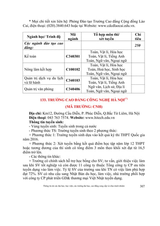 Thông tin do các đại học, học viện, các trường đại học, cao đẳng cung cấp và chịu trách nhiệm 307
* Mọi chi tiết xin liên hệ: Phòng Đào tạo Trường Cao đẳng Cộng đồng Lào
Cai, điện thoại: (020).3840.643 hoặc tại Website: www.cdcdlaocai.edu.vn.
Ngành học/ Trình độ
Mã
ngành
Tổ hợp môn thi/
xét tuyển
Chỉ
tiêu
Các ngành đào tạo cao
đẳng:
250
Kế toán C340301
Toán, Vật lí, Hóa học
Toán, Vật lí, Tiếng Anh
Toán, Ngữ văn, Ngoại ngữ
Nông lâm kết hợp C100102
Toán, Vật lí, Hóa học
Toán, Hoá học, Sinh học
Toán, Ngữ văn, Ngoại ngữ
Quản trị dịch vụ du lịch
và lữ hành
C340103
Toán, Vật lí, Hóa học
Toán, Vật lí, Tiếng Anh
Ngữ văn, Lịch sử, Địa lí
Toán, Ngữ văn, Ngoại ngữ
Quản trị văn phòng C340406
133. TRƯỜNG CAO ĐẲNG CÔNG NGHỆ HÀ NỘI(*)
(MÃ TRƯỜNG: CNH)
Địa chỉ: Km12, Đường Cầu Diễn, P. Phúc Diễn, Q.Bắc Từ Liêm, Hà Nội
Điện thoại: 043 763 7574. Website: www.hitech.edu.vn
Thông tin tuyển sinh:
- Vùng tuyển sinh: Tuyển sinh trong cả nước
- Phương thức TS: Trường tuyển sinh theo 2 phương thức:
+ Phương thức 1: Trường tuyển sinh dựa vào kết quả kỳ thi THPT Quốc gia
năm 2016.
+ Phương thức 2: Xét tuyển bằng kết quả điểm học tập năm lớp 12 THPT
hoặc tương đương của thí sinh có tổng điểm 3 môn theo khối xét đạt từ 16,5
điểm trở lên.
- Các thông tin khác:
+ Trường có chính sách hỗ trợ học bổng cho SV; tư vấn, giới thiệu việc làm
sau khi SV tốt nghiệp và còn được 11 công ty thuộc Tổng công ty CP ưu tiên
tuyển dụng vào làm việc. Tỷ lệ SV của trường sau khi TN có việc làm phù hợp
đạt 72%. SV có nhu cầu sang Nhật Bản du học, làm việc, nhà trường phối hợp
với công ty CP phát triển GD& thương mại Việt Nhật tuyển dụng.
 