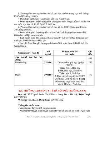 Thông tin do các đại học, học viện, các trường đại học, cao đẳng cung cấp và chịu trách nhiệm 419
1. Phương thức xét tuyển dựa vào kết quả học tập bậc trung học phổ thông:
Chiếm 80% tổng chỉ tiêu
+ Điều kiện xét tuyển: Hạnh kiểm xếp loại Khá trở lên.
+ Điểm xét tuyển: Điểm trung bình chung các môn thuộc khối xét tuyển của
các môn học lớp 10, 11,12 đạt từ 5.5 trở lên.
2. Phương thức xét tuyển dựa vào kết quả kỳ thi THPT Quốc gia: Chiếm
20% tổng chỉ tiêu.
+ Điểm xét tuyển: Đáp ứng tiêu chí đảm bảo chất lượng đầu vào của Bộ
Giáo dục và Đào tạo quy định.
+ Lịch tuyển sinh: Thí sinh nộp hồ sơ đăng ký xét tuyển theo thời gian quy
định của Bộ Giáo dục và Đào tạo.
- Học phí: Mức học phí theo quy định của Nhà nước được UBND tỉnh Hà
Nam đồng ý.
Ngành học/ Trình độ
Mã
ngành
Tổ hợp môn thi/
xét tuyển
Chỉ
tiêu
Các ngành đào tạo cao
đẳng:
400
Điều dưỡng C720501 1. Dựa vào kết quả học tập bậc
THPT:
Toán, Vật lí, Hóa học
Toán, Hoá học, Sinh học
Toán, Vật lí, Sinh học
2. Dựa vào kết quả kỳ thi THPT
Quốc gia: Môn bắt buộc: Toán;
02 môn tự chọn hoặc thay thế:
Vật lí, Hóa học, Sinh học.
250
Dược C900107 150
221. TRƯỜNG CAO ĐẲNG Y TẾ HÀ NỘI (MÃ TRƯỜNG: CYZ)
Địa chỉ: Số 35 phố Đoàn Thị Điểm – Đống Đa – Hà Nội; Điện thoại:
04.37326303
Website: yhn.edu.vn. Điện thoại: 0393.856932
Thông tin tuyển sinh:
- Vùng tuyển: Tuyển sinh trong cả nước
- Phương thức tuyển sinh: tuyển sinh dựa vào kết quả kỳ thi THPT Quốc gia
 