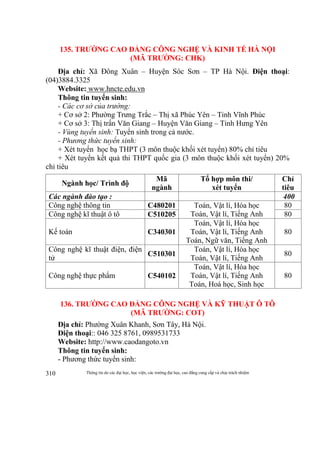 Thông tin do các đại học, học viện, các trường đại học, cao đẳng cung cấp và chịu trách nhiệm310
135. TRƯỜNG CAO ĐẲNG CÔNG NGHỆ VÀ KINH TẾ HÀ NỘI
(MÃ TRƯỜNG: CHK)
Địa chỉ: Xã Đông Xuân – Huyện Sóc Sơn – TP Hà Nội. Điện thoại:
(04)3884.3325
Website: www.hncte.edu.vn
Thông tin tuyển sinh:
- Các cơ sở của trường:
+ Cơ sở 2: Phường Trưng Trắc – Thị xã Phúc Yên – Tỉnh Vĩnh Phúc
+ Cơ sở 3: Thị trấn Văn Giang – Huyện Văn Giang – Tỉnh Hưng Yên
- Vùng tuyển sinh: Tuyển sinh trong cả nước.
- Phương thức tuyển sinh:
+ Xét tuyển học bạ THPT (3 môn thuộc khối xét tuyển) 80% chỉ tiêu
+ Xét tuyển kết quả thi THPT quốc gia (3 môn thuộc khối xét tuyển) 20%
chỉ tiêu
Ngành học/ Trình độ
Mã
ngành
Tổ hợp môn thi/
xét tuyển
Chỉ
tiêu
Các ngành đào tạo : 400
Công nghệ thông tin C480201 Toán, Vật lí, Hóa học
Toán, Vật lí, Tiếng Anh
80
Công nghệ kĩ thuật ô tô C510205 80
Kế toán C340301
Toán, Vật lí, Hóa học
Toán, Vật lí, Tiếng Anh
Toán, Ngữ văn, Tiếng Anh
80
Công nghệ kĩ thuật điện, điện
tử
C510301
Toán, Vật lí, Hóa học
Toán, Vật lí, Tiếng Anh
80
Công nghệ thực phẩm C540102
Toán, Vật lí, Hóa học
Toán, Vật lí, Tiếng Anh
Toán, Hoá học, Sinh học
80
136. TRƯỜNG CAO ĐẲNG CÔNG NGHỆ VÀ KỸ THUẬT Ô TÔ
(MÃ TRƯỜNG: COT)
Địa chỉ: Phường Xuân Khanh, Sơn Tây, Hà Nội.
Điện thoại:: 046 325 8761, 0989531733
Website: http://www.caodangoto.vn
Thông tin tuyển sinh:
- Phương thức tuyển sinh:
 