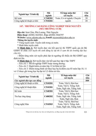 Thông tin do các đại học, học viện, các trường đại học, cao đẳng cung cấp và chịu trách nhiệm 323
Ngành học/ Trình độ
Mã
ngành
Tổ hợp môn thi/
xét tuyển
Chỉ
tiêu
Kế toán C340301 Toán, Cơ sở ngành, Chuyên
ngành
30
Công nghệ kĩ thuật cơ khí C510201 20
147. TRƯỜNG CAO ĐẲNG CÔNG NGHIỆP THÁI NGUYÊN
(MÃ TRƯỜNG: CCB)
Địa chỉ: Sơn Cẩm, Phú Lương, Thái Nguyên
Điện thoại: (0280) 3643861; Fax: (0280) 3844797
Website: www.cdcntn.edu.vn; Email: tuyensinh@cdcn.edu.vn
Thông tin tuyển sinh:
* Vùng tuyển sinh: Tuyển sinh trong cả nước.
* Hình thức tuyển sinh:
1) Hình thức 1: Xét tuyển dựa vào kết quả kỳ thi THPT quốc gia do Bộ
GDĐT tổ chức (xét tuyển thí sinh đăng ký dự thi ở cụm thi do trường đại học
chủ trì).
- Điểm từng môn xét tuyển phải đạt từ ngưỡng tối thiểu do Bộ GDĐT quy
định trở lên.
2) Hình thức 2: Xét tuyển dựa vào kết quả học tập ở bậc THPT
- Tiêu chí 1: Đã tốt nghiệp THPT hoặc tương đương;
- Tiêu chí 2: Hạnh kiểm cả năm lớp 12 từ Khá trở lên
- Tiêu chí 3: Điểm trung bình xét theo học bạ là điểm của 03 môn lớp 10, 11
và 12 được ghi trong học bạ đạt từ 5,5 điểm trở lên.
Ngành học/ Trình độ
Mã
ngành
Tổ hợp môn thi/
xét tuyển
Chỉ
tiêu
Các ngành đào tạo cao đẳng 800
Công nghệ kĩ thuật cơ khí C510201 Toán, Vật lí, Hoá học
Toán, Vật lí, Tiếng Anh
Toán, Ngữ văn, Tiếng Anh
Công nghệ kĩ thuật điện C510301
Kế toán C340301 Toán, Vật lí, Hoá học
Toán, Vật lí, Tiếng Anh
Toán, Ngữ văn, Tiếng Anh
Toán, Ngữ văn, Hoá
Tin học ứng dụng C480202
Công nghệ Hàn C510503
Toán, Vật lý, Hoá học
Toán, Vật lí, Tiếng Anh
Toán, Ngữ văn, Tiếng Anh
 