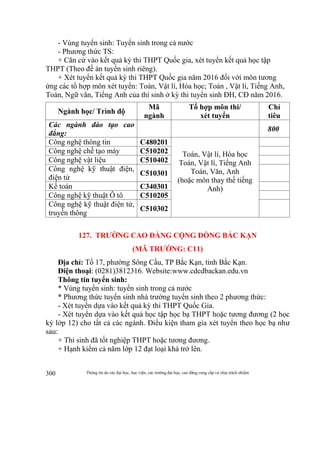 Thông tin do các đại học, học viện, các trường đại học, cao đẳng cung cấp và chịu trách nhiệm300
- Vùng tuyển sinh: Tuyển sinh trong cả nước
- Phương thức TS:
+ Căn cứ vào kết quả kỳ thi THPT Quốc gia, xét tuyển kết quả học tập
THPT (Theo đề án tuyển sinh riêng).
+ Xét tuyển kết quả kỳ thi THPT Quốc gia năm 2016 đối với môn tương
ứng các tổ hợp môn xét tuyển: Toán, Vật lí, Hóa học; Toán , Vật lí, Tiếng Anh,
Toán, Ngữ văn, Tiếng Anh của thí sinh ở kỳ thi tuyển sinh ĐH, CĐ năm 2016.
Ngành học/ Trình độ
Mã
ngành
Tổ hợp môn thi/
xét tuyển
Chỉ
tiêu
Các ngành đào tạo cao
đẳng:
800
Công nghệ thông tin C480201
Toán, Vật lí, Hóa học
Toán, Vật lí, Tiếng Anh
Toán, Văn, Anh
(hoặc môn thay thế tiếng
Anh)
Công nghệ chế tạo máy C510202
Công nghệ vật liệu C510402
Công nghệ kỹ thuật điện,
điện tử
C510301
Kế toán C340301
Công nghệ kỹ thuật Ô tô C510205
Công nghệ kỹ thuật điện tử,
truyền thông
C510302
127. TRƯỜNG CAO ĐẲNG CỘNG ĐỒNG BẮC KẠN
(MÃ TRƯỜNG: C11)
Địa chỉ: Tổ 17, phường Sông Cầu, TP Bắc Kạn, tỉnh Bắc Kạn.
Điện thoại: (0281)3812316. Website:www.cdcdbackan.edu.vn
Thông tin tuyển sinh:
* Vùng tuyển sinh: tuyển sinh trong cả nước
* Phương thức tuyển sinh nhà trường tuyển sinh theo 2 phương thức:
- Xét tuyển dựa vào kết quả kỳ thi THPT Quốc Gia.
- Xét tuyển dựa vào kết quả học tập học bạ THPT hoặc tương đương (2 học
kỳ lớp 12) cho tất cả các ngành. Điều kiện tham gia xét tuyển theo học bạ như
sau:
+ Thí sinh đã tốt nghiệp THPT hoặc tương đương.
+ Hạnh kiểm cả năm lớp 12 đạt loại khá trở lên.
 