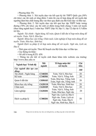 Thông tin do các đại học, học viện, các trường đại học, cao đẳng cung cấp và chịu trách nhiệm346
- Phương thức TS:
+ Phương thức 1: Xét tuyển dựa vào kết quả kỳ thi THPT Quốc gia (30%
chỉ tiêu): các thí sinh có tổng điểm 3 môn thi của tổ hợp dùng để xét tuyển đạt
ngưỡng đảm bảo chất lượng đầu vào theo quy định của Bộ Giáo dục và Đào tạo.
+ Phương thức 2: Xét tuyển dựa vào kết quả học tập THPT hoặc tương
đương (70% chỉ tiêu): các thí sinh có điểm trung bình chung 3 môn xét tuyển
(theo từng ngành học) 3 năm học THPT (lớp 10, lớp 11, lớp 12) đạt từ 5.5 điểm
trở lên.
Ngành: Tài chính - Ngân hàng, Kế toán, Quản lí đất đai tổ hợp môn dùng để
xét tuyển: Toán, Vật lí, Hóa học
Ngành: Khoa học cây trồng, Chăn nuôi, Lâm nghiệp tổ hợp môn dùng để xét
tuyển: Toán, Hóa học, Sinh học
Ngành Dịch vụ pháp lý tổ hợp môn dùng để xét tuyển: Ngữ văn, Lịch sử,
Địa lí.
- Thời gian xét tuyển: Theo Kế hoạch của Bộ Giáo dục và Đào tạo.
- Các thông tin khác:
+ Số chỗ ở trong KTX: 450.
+ Thông tin chi tiết về tuyển sinh tham khảo trên website của trường:
http://www.dtec.edu.vn
Ngành học/ Trình độ
Mã
ngành
Tổ hợp môn thi/
xét tuyển
Chỉ
tiêu
Các ngành đào tạo cao
đẳng:
180
Tài chính - Ngân hàng C340201 Toán, Vật lí, Hóa học
Toán, Vật lí, Tiếng Anh
Toán, Hóa học, Tiếng Anh
Toán, Ngữ văn, Tiếng Anh
20
Kế toán C340301 30
Quản lí đất đai C850103 20
Khoa học cây trồng C620110 Toán, Hóa học, Sinh học
Toán, Vật lí, Hóa học
Toán, Vật lí, Tiếng Anh
Toán, Hóa học, Ngữ văn
20
Chăn nuôi C620105 20
Lâm nghiệp C620201 20
Dịch vụ pháp lý C380201
Ngữ văn, Lịch sử, Địa lí
Ngữ văn, Toán, Lịch sử
Ngữ văn, Toán, Địa lí
Ngữ văn, Sinh học, Địa lí
50
 