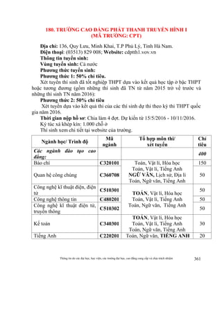 Thông tin do các đại học, học viện, các trường đại học, cao đẳng cung cấp và chịu trách nhiệm 361
180. TRƯỜNG CAO ĐẲNG PHÁT THANH TRUYỀN HÌNH I
(MÃ TRƯỜNG: CPT)
Địa chỉ: 136, Quy Lưu, Minh Khai, T.P Phủ Lý, Tỉnh Hà Nam.
Điện thoại: (03513) 829 008; Website: cdptth1.vov.vn
Thông tin tuyển sinh:
Vùng tuyển sinh: Cả nước
Phương thức tuyển sinh:
Phương thức 1: 50% chỉ tiêu.
Xét tuyển thí sinh đã tốt nghiệp THPT dựa vào kết quả học tập ở bậc THPT
hoặc tương đương (gồm những thí sinh đã TN từ năm 2015 trở về trước và
những thí sinh TN năm 2016):
Phương thức 2: 50% chỉ tiêu
Xét tuyển dựa vào kết quả thi của các thí sinh dự thi theo kỳ thi THPT quốc
gia năm 2016.
Thời gian nộp hồ sơ: Chia làm 4 đợt. Dự kiến từ 15/5/2016 - 10/11/2016.
Ký túc xá khép kín: 1.000 chỗ ở
Thí sinh xem chi tiết tại website của trường.
Ngành học/ Trình độ
Mã
ngành
Tổ hợp môn thi/
xét tuyển
Chỉ
tiêu
Các ngành đào tạo cao
đẳng:
400
Báo chí C320101 Toán, Vật lí, Hóa học
Toán, Vật lí, Tiếng Anh
NGỮ VĂN, Lịch sử, Địa lí
Toán, Ngữ văn, Tiếng Anh
150
Quan hệ công chúng C360708 50
Công nghệ kĩ thuật điện, điện
tử
C510301
TOÁN, Vật lí, Hóa học
Toán, Vật lí, Tiếng Anh
Toán, Ngữ văn, Tiếng Anh
50
Công nghệ thông tin C480201 50
Công nghệ kĩ thuật điện tử,
truyền thông
C510302 50
Kế toán C340301
TOÁN, Vật lí, Hóa học
Toán, Vật lí, Tiếng Anh
Toán, Ngữ văn, Tiếng Anh
30
Tiếng Anh C220201 Toán, Ngữ văn, TIẾNG ANH 20
 