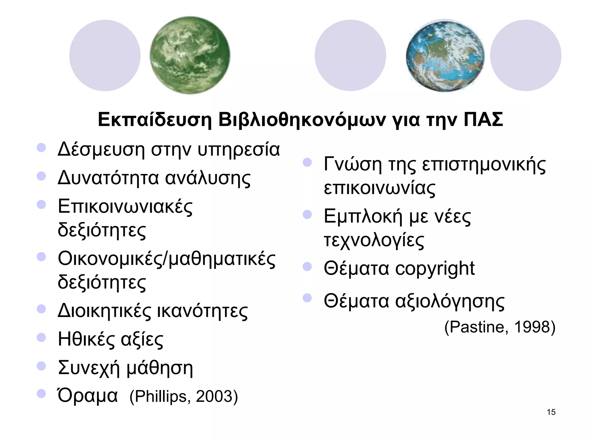 Εκπαίδευση Βιβλιοθηκονόμων για την ΠΑΣ Δέσμευση στην υπηρεσία Δυνατότητα ανάλυσης Επικοινωνιακές δεξιότητες Οικονομικές/μαθηματικές δεξιότητες Διοικητικές ικανότητες Ηθικές αξίες Συνεχή μάθηση Όραμα  ( Phillips, 2003) Γνώση της επιστημονικής επικοινωνίας Εμπλοκή με νέες τεχνολογίες Θέματα  copyright Θέματα αξιολόγησης   (Pastine, 1998) 