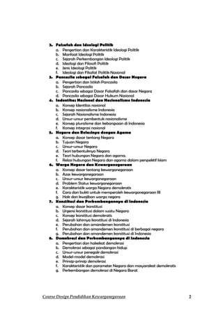 2. Falsafah dan Ideologi Politik
      a. Pengertian dan Karakteristik Ideologi Politik
      b. Manfaat Ideologi Politik
      c. Sejarah Perkembangan Ideologi Politik
      d. Ideologi dan Filosofi Politik
      e. Jenis Ideologi Politik
      f. Ideologi dan Filsafat Politik Nasional
   3. Pancasila sebagai Falsafah dan Dasar Negara
      a. Pengertian dan Istilah Pancasila
      b. Sejarah Pancasila
      c. Pancasila sebagai Dasar Falsafah dan dasar Negara
      d. Pancasila sebagai Dasar Hukum Nasional
   4. Indentitas Nasional dan Nasionalisme Indonesia
      a. Konsep Identitas nasional
      b. Konsep nasionalisme Indonesia
      c. Sejarah Nasionalisme Indonesia
      d. Unsur-unsur pembentuk nasionalisme
      e. Konsep pluralisme dan kebangsaan di Indonesia
      f. Konsep integrasi nasional
   5. Negara dan Relasinya dengan Agama
      a. Konsep dasar tentang Negara
      b. Tujuan Negara
      c. Unsur-unsur Negara
      d. Teori terbentuknya Negara
      e. Teori hubungan Negara dan agama.
      f. Relasi hubungan Negara dan agama dalam perspektif Islam
   6. Warga Negara dan Kewarganegaraan
      a. Konsep dasar tentang kewarganegaraan
      b. Azas kewarganegaraan
      c. Unsur-unsur kewarganegaraan
      d. Problem Status kewarganegaraan
      e. Karakteristik warga Negara demokratis
      f. Cara dan bukti untuk memperoleh kewarganegaraan RI
      g. Hak dan kwajiban warga negara
   7. Konstitusi dan Perkembangannya di Indonesia
      a. Konsep dasar konstitusi
      b. Urgensi konstitusi dalam suatu Negara
      c. Konsep konstitusi demokratis
      d. Sejarah lahirnya konstitusi di Indonesia
      e. Perubahan dan amandemen konstitusi
      f. Perubahan dan amandemen konstitusi di berbagai negara
      g. Perubahan dan amandemen konstitusi di Indonesia
   8. Demokrasi dan Perkembangannya di Indonesia
      a. Pengertian dan hakekat demokrasi
      b. Demokrasi sebagai pandangan hidup
      c. Unsur-unsur penegak demokrasi
      d. Model-model demokrasi
      e. Prinsip-prinsip demokrasi
      f. Karakteristik dan parameter Negara dan masyarakat demokratis
      g. Perkembangan demokrasi di Negara Barat




Course Design Pendidikan Kewarganegaraan                                2
 