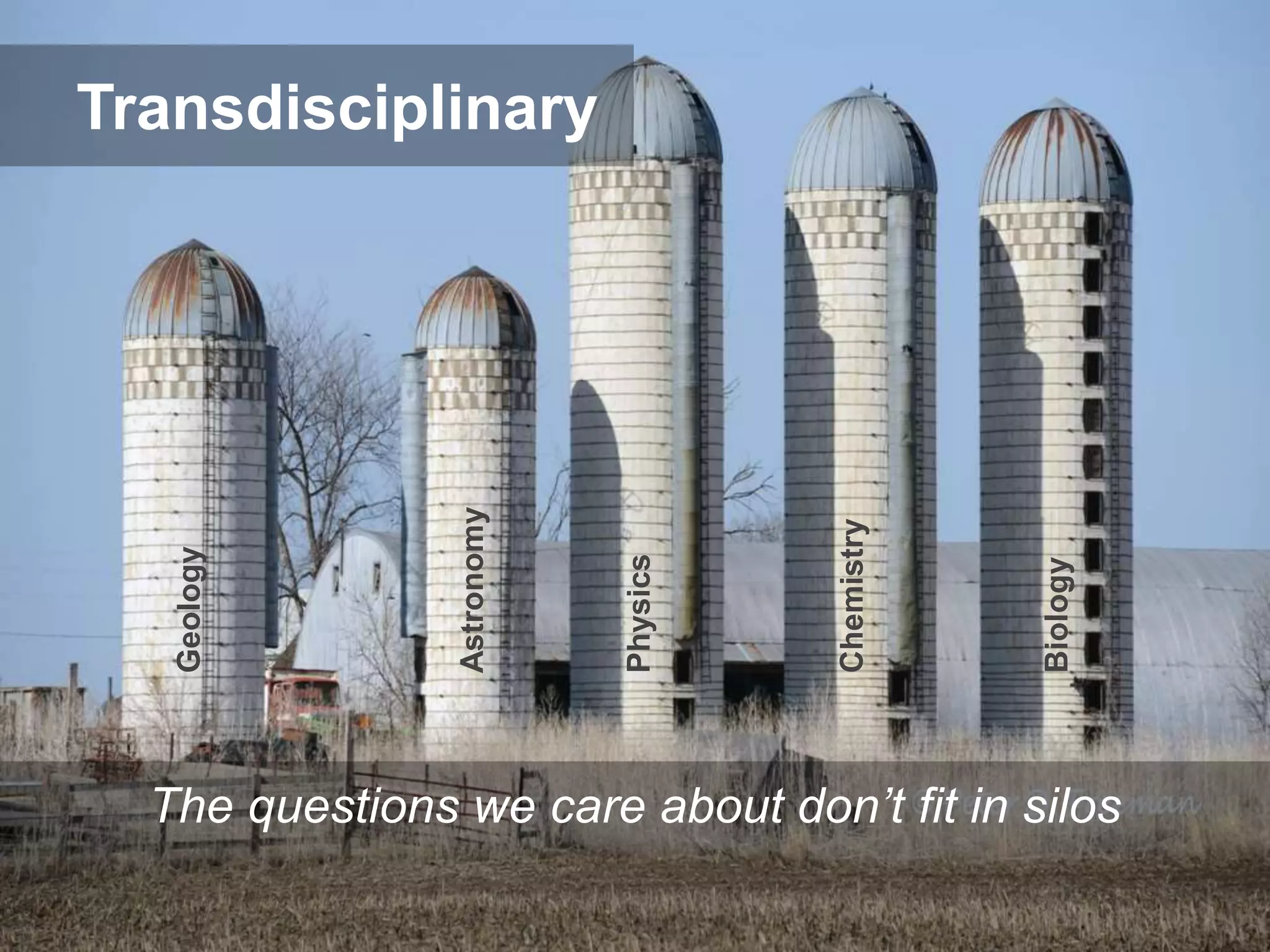 Astronomy
Chemistry
Geology
Physics
Biology
The questions we care about don’t fit in silos
Transdisciplinary
 