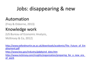 Jobs: disappearing & new
Automation
(Frey & Osborne, 2013)
Knowledge work
(US Bureau of Economic Analysis,
McKinsey & Co, 2012)
http://www.oxfordmartin.ox.ac.uk/downloads/academic/The_Future_of_Em
ployment.pdf
http://www.bea.gov/industry/gdpbyind_data.htm
http://www.mckinsey.com/insights/organization/preparing_for_a_new_era_
of_work
 