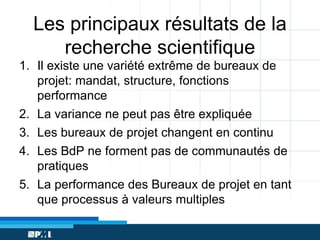 Les principaux résultats de la
recherche scientifique
1. Il existe une variété extrême de bureaux de
projet: mandat, structure, fonctions
performance
2. La variance ne peut pas être expliquée
3. Les bureaux de projet changent en continu
4. Les BdP ne forment pas de communautés de
pratiques
5. La performance des Bureaux de projet en tant
que processus à valeurs multiples

 