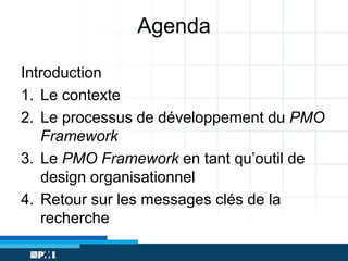 Agenda
Introduction
1. Le contexte
2. Le processus de développement du PMO
Framework
3. Le PMO Framework en tant qu’outil de
design organisationnel
4. Retour sur les messages clés de la
recherche

 