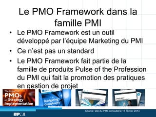 Le PMO Framework dans la
famille PMI
• Le PMO Framework est un outil
développé par l’équipe Marketing du PMI
• Ce n’est pas un standard
• Le PMO Framework fait partie de la
famille de produits Pulse of the Profession
du PMI qui fait la promotion des pratiques
en gestion de projet

Source: site du PMI, consulté le 15 février 2013

 