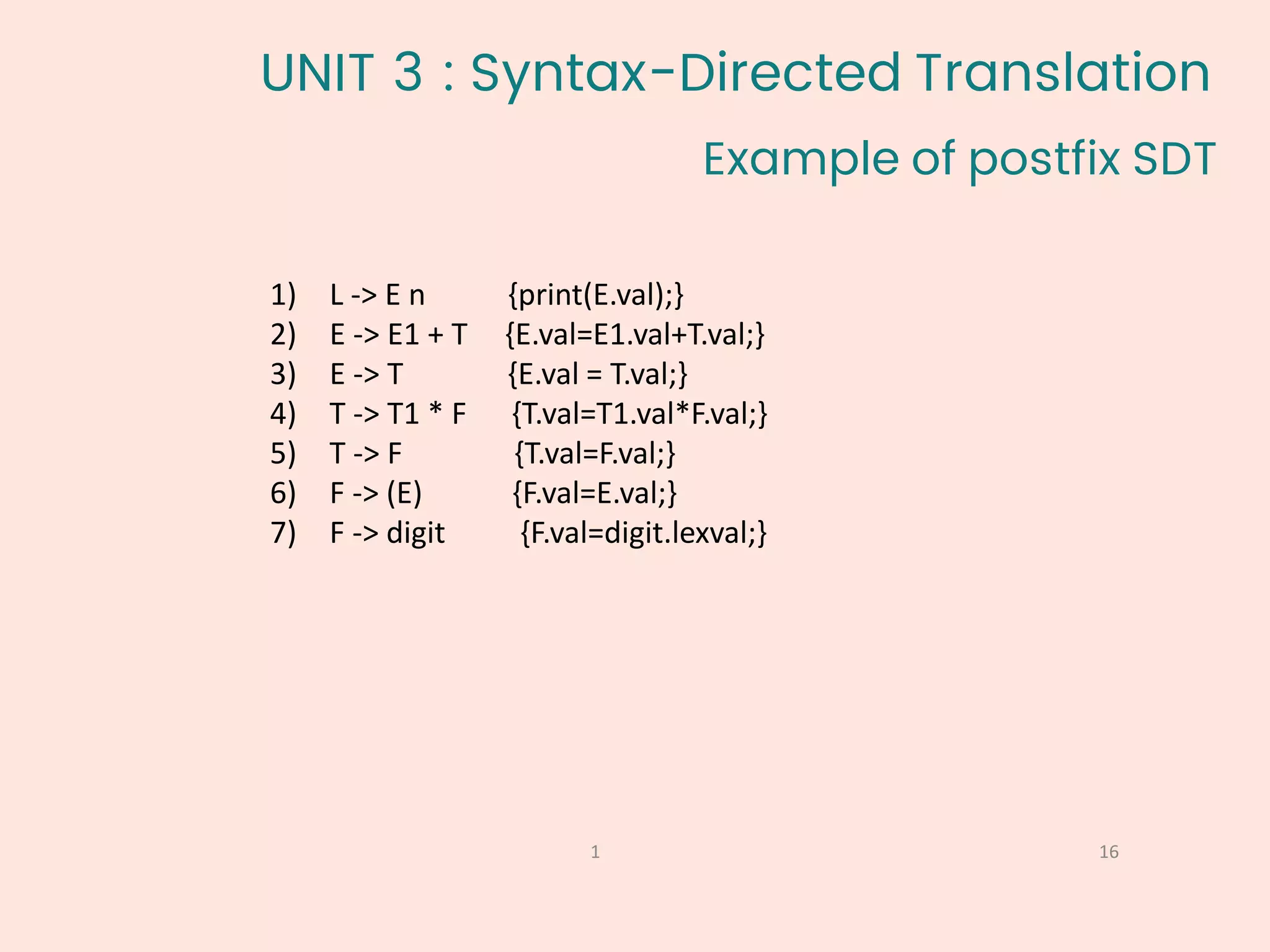 Example of postfix SDT
16
1
1) L -> E n {print(E.val);}
2) E -> E1 + T {E.val=E1.val+T.val;}
3) E -> T {E.val = T.val;}
4) T -> T1 * F {T.val=T1.val*F.val;}
5) T -> F {T.val=F.val;}
6) F -> (E) {F.val=E.val;}
7) F -> digit {F.val=digit.lexval;}
UNIT 3 : Syntax-Directed Translation
 