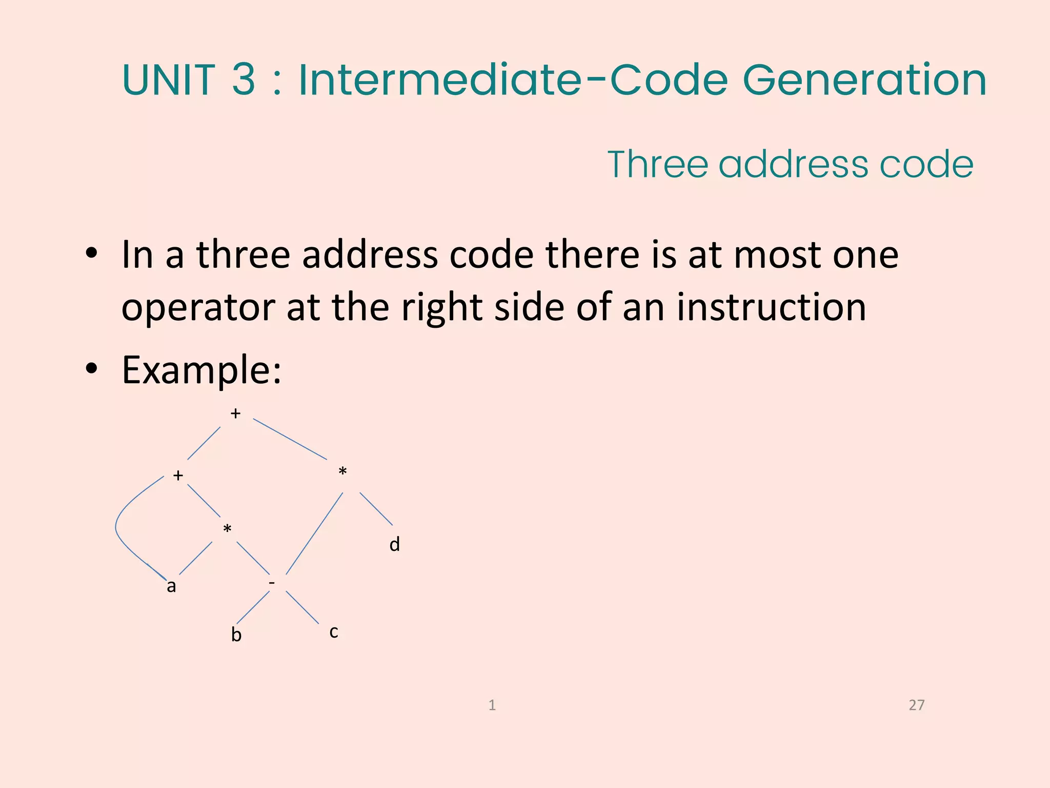 UNIT 3 : Intermediate-Code Generation
Three address code
27
1
• In a three address code there is at most one
operator at the right side of an instruction
• Example:
+
+ *
*
-
b c
a
d
 