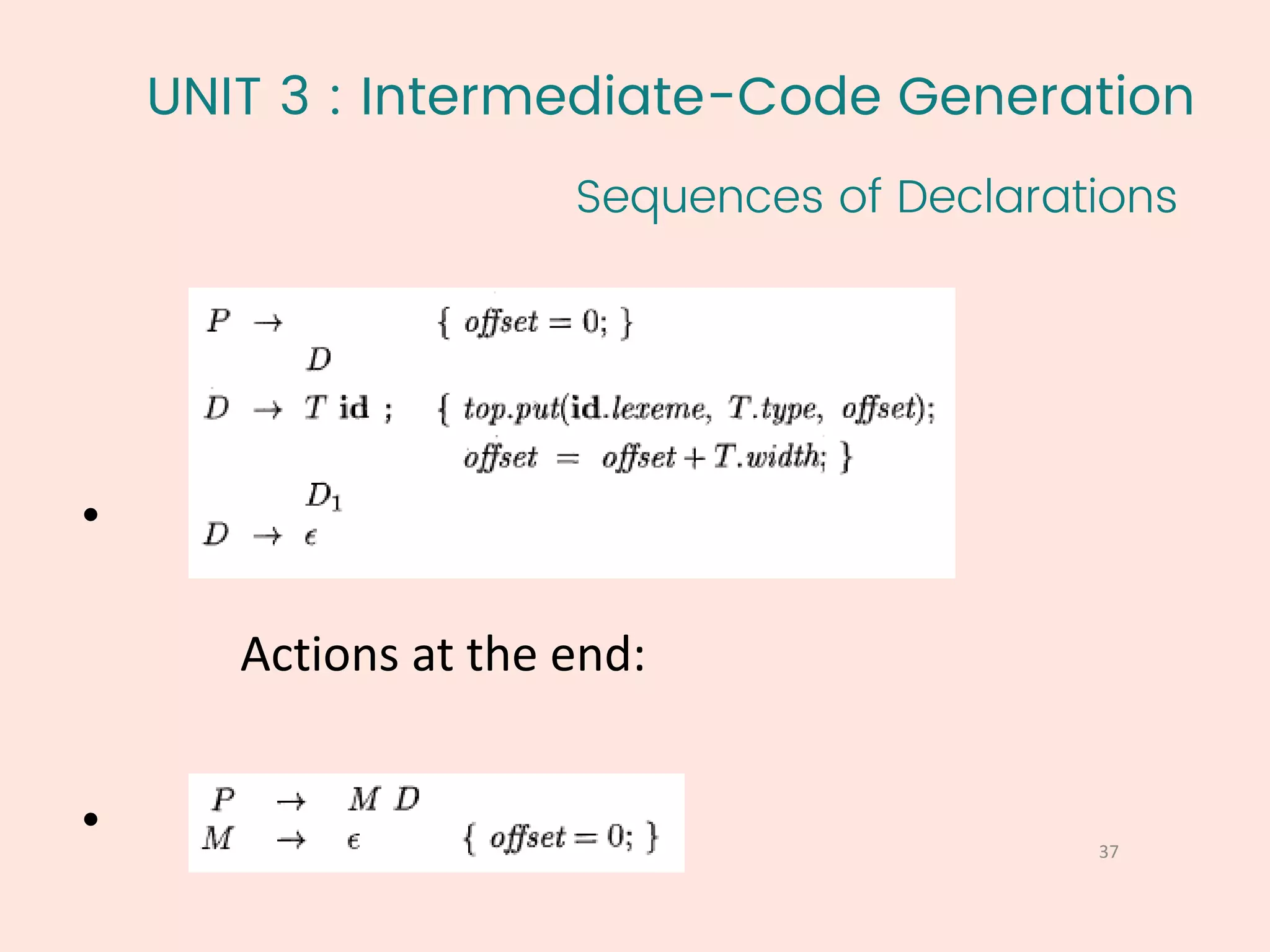 UNIT 3 : Intermediate-Code Generation
Sequences of Declarations
37
1
•
•
Actions at the end:
 