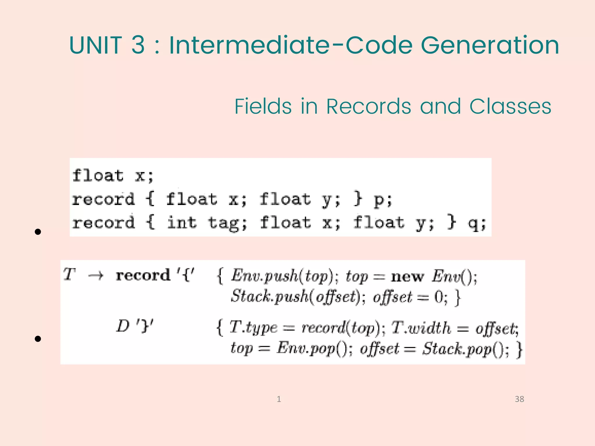 UNIT 3 : Intermediate-Code Generation
Fields in Records and Classes
38
1
•
•
 