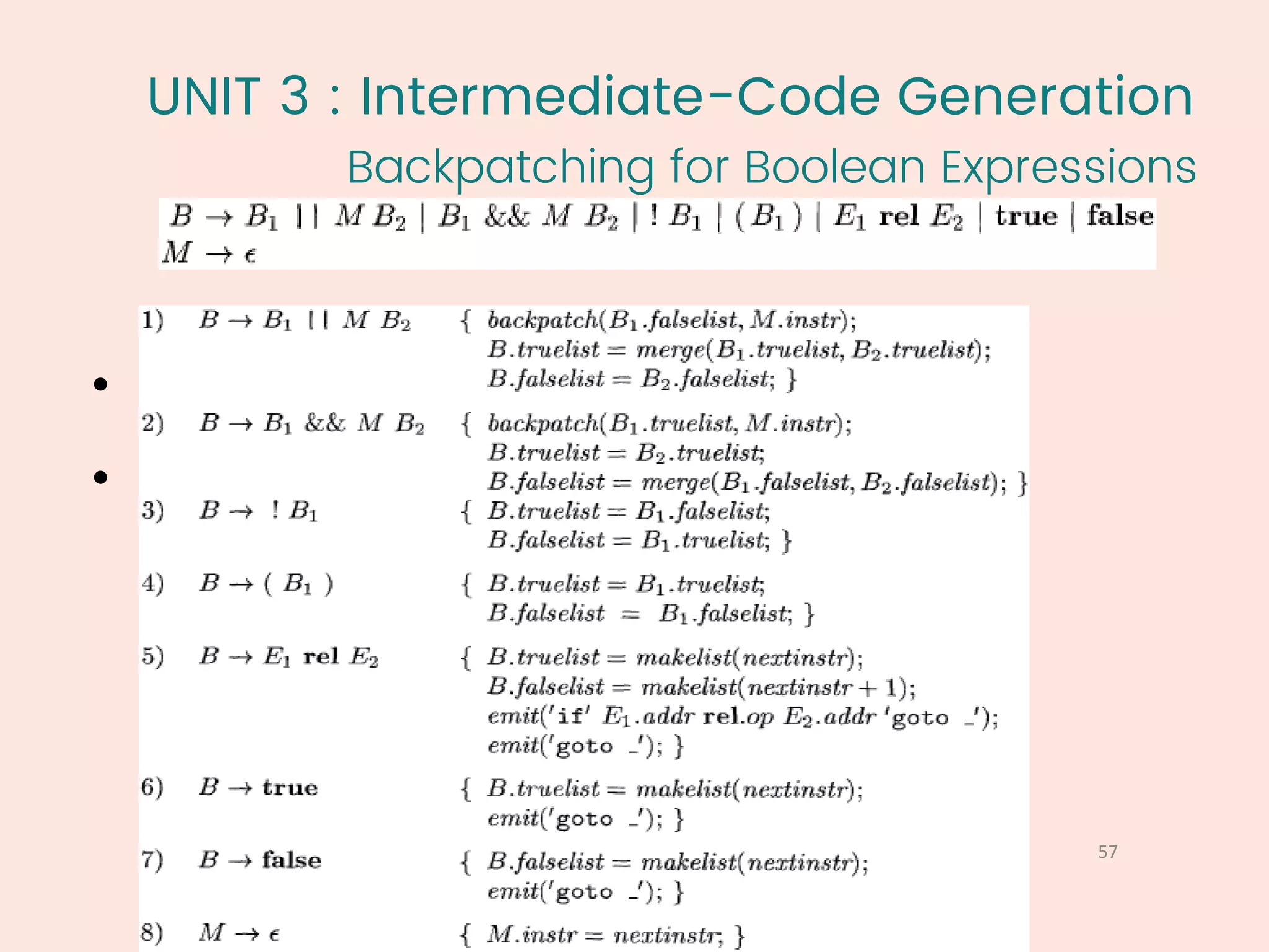 UNIT 3 : Intermediate-Code Generation
Backpatching for Boolean Expressions
57
1
•
•
 