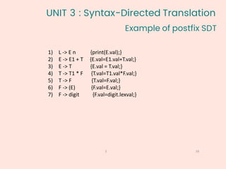 Example of postfix SDT
16
1
1) L -> E n {print(E.val);}
2) E -> E1 + T {E.val=E1.val+T.val;}
3) E -> T {E.val = T.val;}
4) T -> T1 * F {T.val=T1.val*F.val;}
5) T -> F {T.val=F.val;}
6) F -> (E) {F.val=E.val;}
7) F -> digit {F.val=digit.lexval;}
UNIT 3 : Syntax-Directed Translation
 
