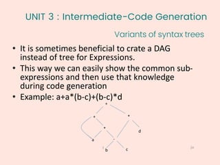UNIT 3 : Intermediate-Code Generation
Variants of syntax trees
24
1
• It is sometimes beneficial to crate a DAG
instead of tree for Expressions.
• This way we can easily show the common sub-
expressions and then use that knowledge
during code generation
• Example: a+a*(b-c)+(b-c)*d
+
+ *
*
-
b c
a
d
 