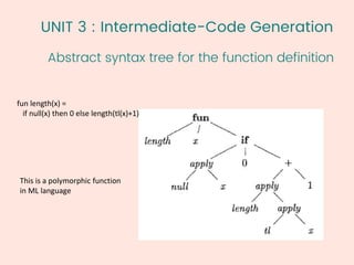 UNIT 3 : Intermediate-Code Generation
Abstract syntax tree for the function definition
47
1
fun length(x) =
if null(x) then 0 else length(tl(x)+1)
This is a polymorphic function
in ML language
 