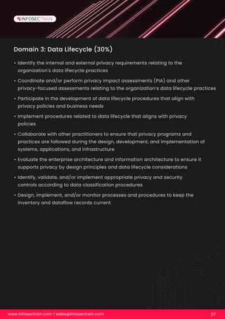 Domain 3: Data Lifecycle (30%)
• Identify the internal and external privacy requirements relating to the
organization's data lifecycle practices
• Coordinate and/or perform privacy impact assessments (PIA) and other
privacy-focused assessments relating to the organization’s data lifecycle practices
• Participate in the development of data lifecycle procedures that align with
privacy policies and business needs
• Implement procedures related to data lifecycle that aligns with privacy
policies
• Collaborate with other practitioners to ensure that privacy programs and
practices are followed during the design, development, and implementation of
systems, applications, and infrastructure
• Evaluate the enterprise architecture and information architecture to ensure it
supports privacy by design principles and data lifecycle considerations
• Identify, validate, and/or implement appropriate privacy and security
controls according to data classification procedures
• Design, implement, and/or monitor processes and procedures to keep the
inventory and dataflow records current
www.infosectrain.com | sales@infosectrain.com 07
 