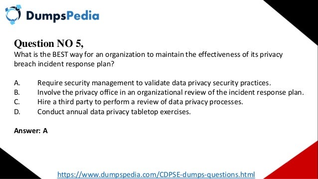 Question NO 5,
What is the BEST way for an organization to maintain the effectiveness of its privacy
breach incident response plan?
A. Require security management to validate data privacy security practices.
B. Involve the privacy office in an organizational review of the incident response plan.
C. Hire a third party to perform a review of data privacy processes.
D. Conduct annual data privacy tabletop exercises.
Answer: A
https://www.dumpspedia.com/CDPSE-dumps-questions.html
 