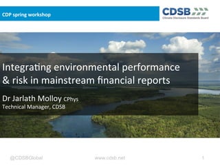 @CDSBGlobal www.cdsb.net 1
Integra(ng	
  environmental	
  performance	
  
&	
  risk	
  in	
  mainstream	
  ﬁnancial	
  reports	
  
	
  
Dr	
  Jarlath	
  Molloy	
  CPhys	
  
Technical	
  Manager,	
  CDSB	
  
CDP	
  spring	
  workshop
 