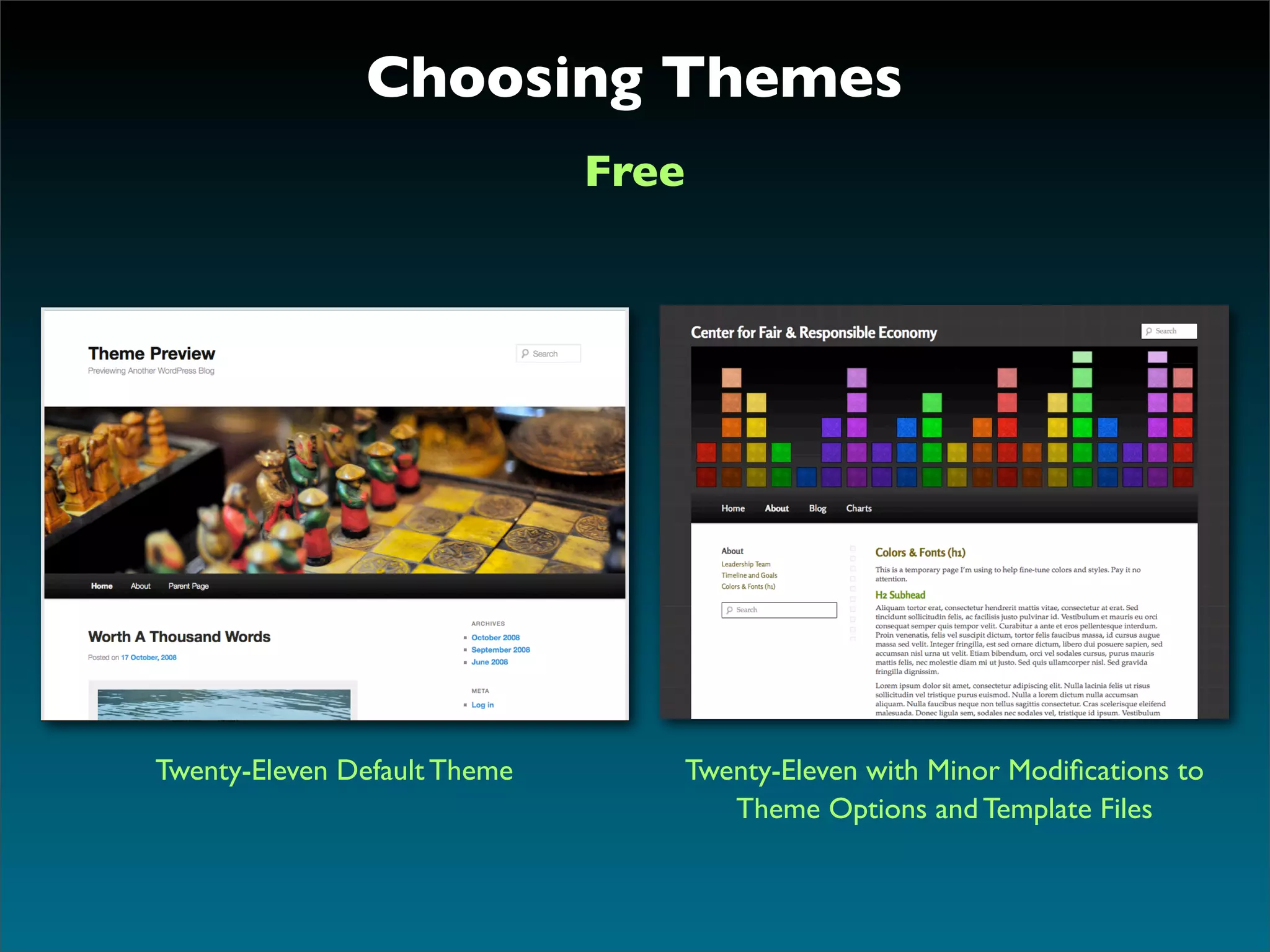 Choosing Themes
                              Free




Twenty-Eleven Default Theme          Twenty-Eleven with Minor Modiﬁcations to
                                        Theme Options and Template Files
 