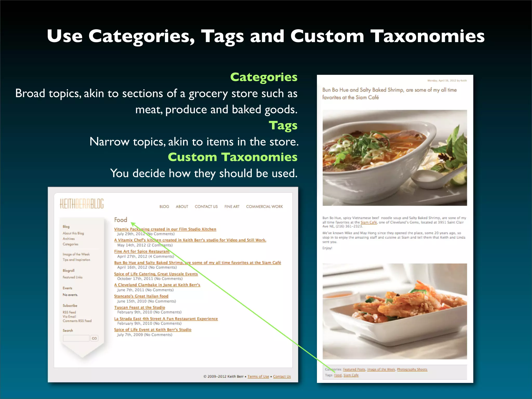 Use Categories, Tags and Custom Taxonomies

                                            Categories
Broad topics, akin to sections of a grocery store such as
                        meat, produce and baked goods.
                                                   Tags
               Narrow topics, akin to items in the store.
                               Custom Taxonomies
                    You decide how they should be used.
 