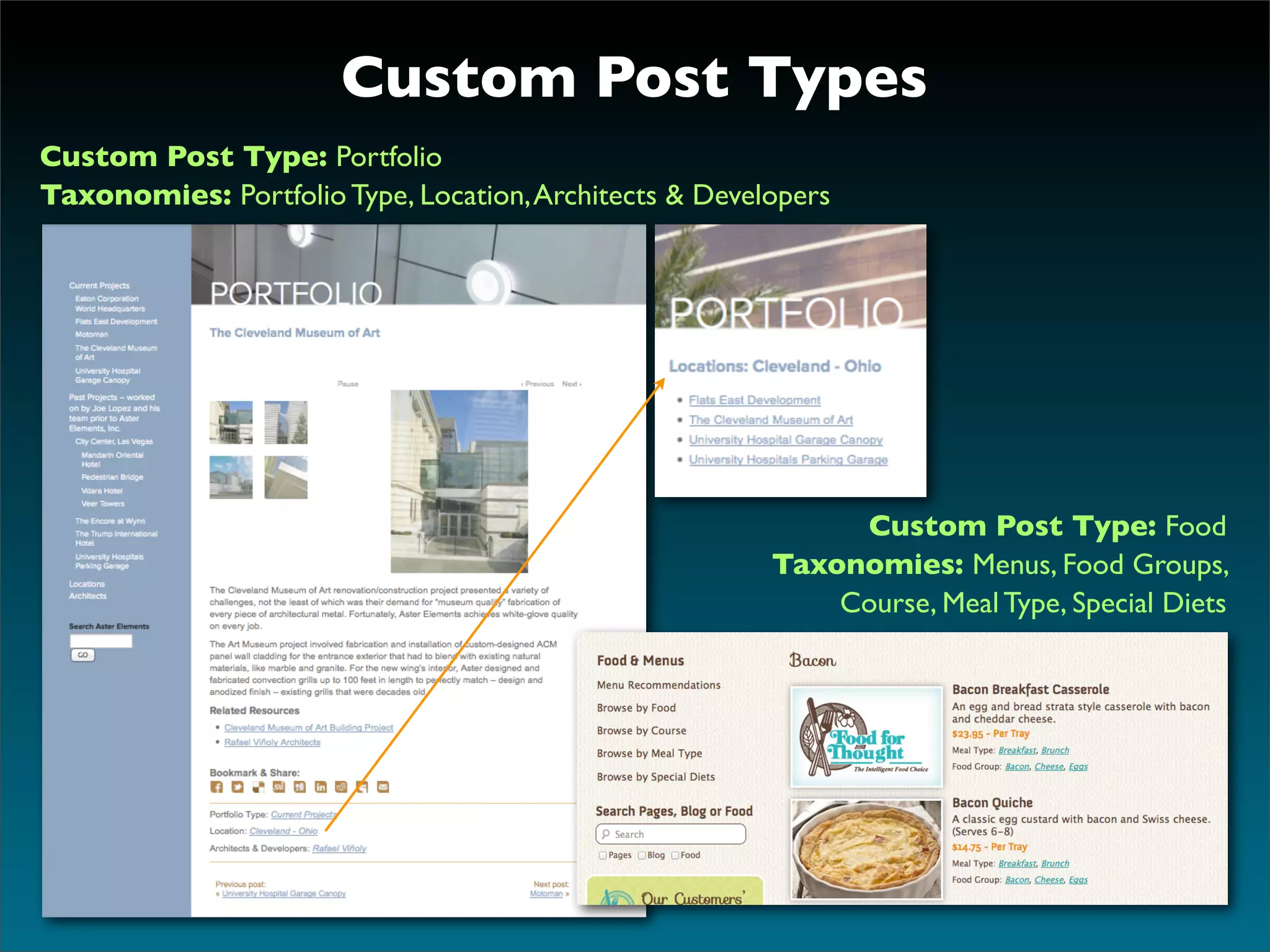 Custom Post Types
Custom Post Type: Portfolio
Taxonomies: Portfolio Type, Location, Architects & Developers




                                                             Custom Post Type: Food
                                                        Taxonomies: Menus, Food Groups,
                                                            Course, Meal Type, Special Diets
 