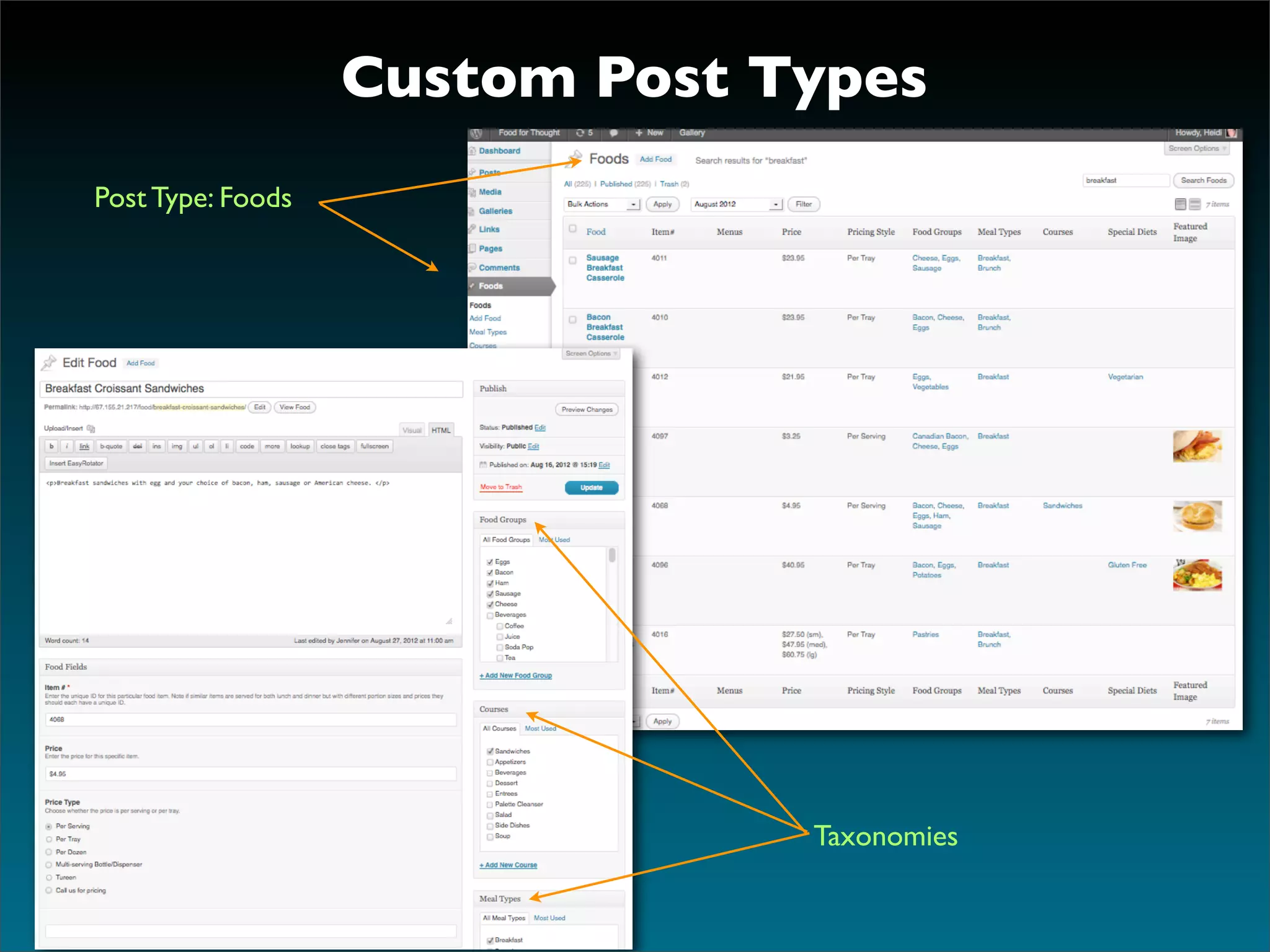 Custom Post Types
Post Type: Foods




                                Taxonomies
 