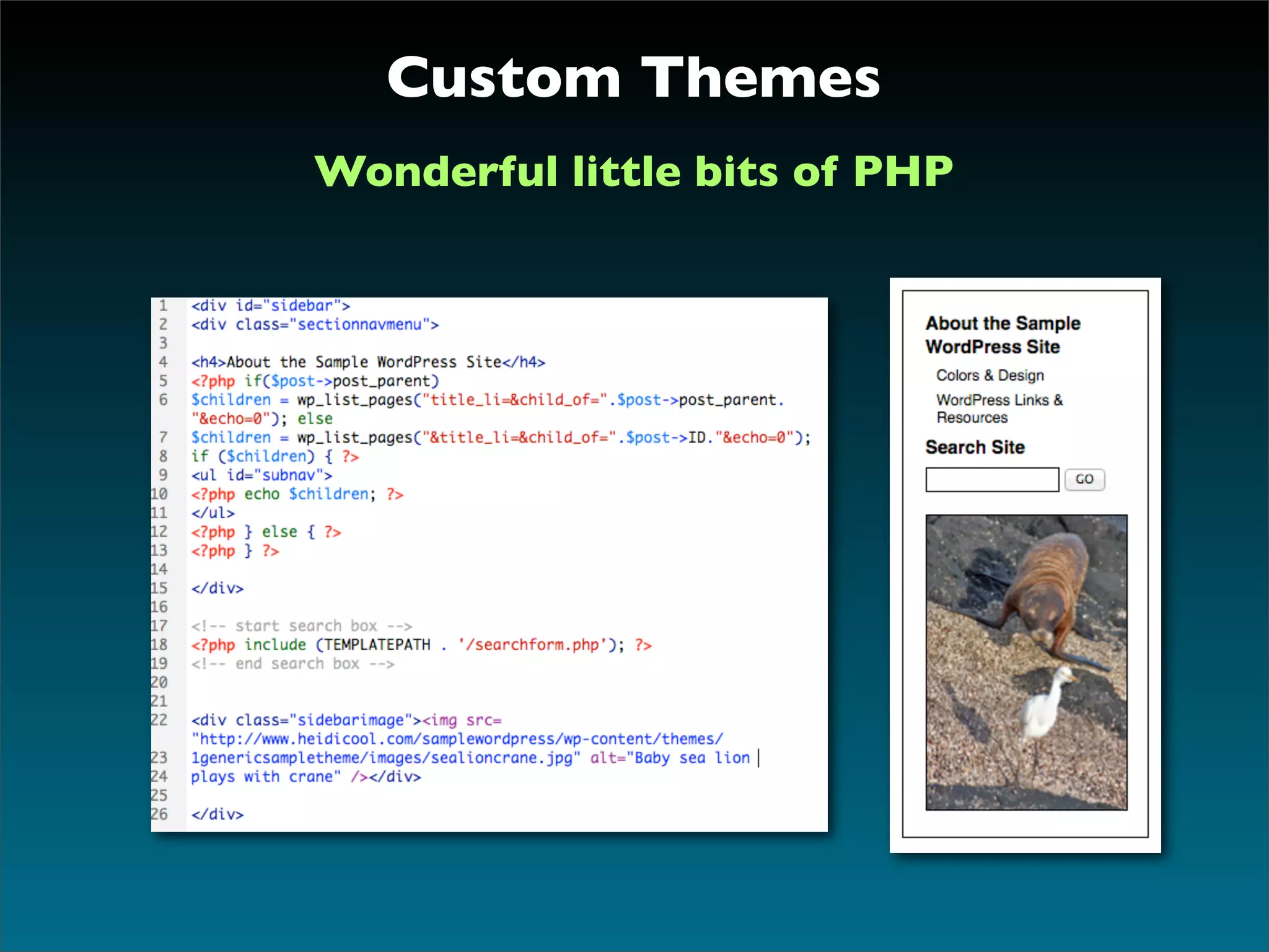 Custom Themes
Wonderful little bits of PHP
 