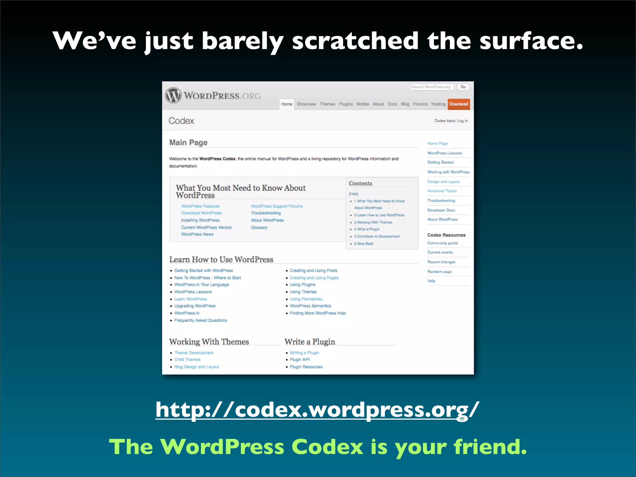 We’ve just barely scratched the surface.




       http://codex.wordpress.org/
    The WordPress Codex is your friend.
 