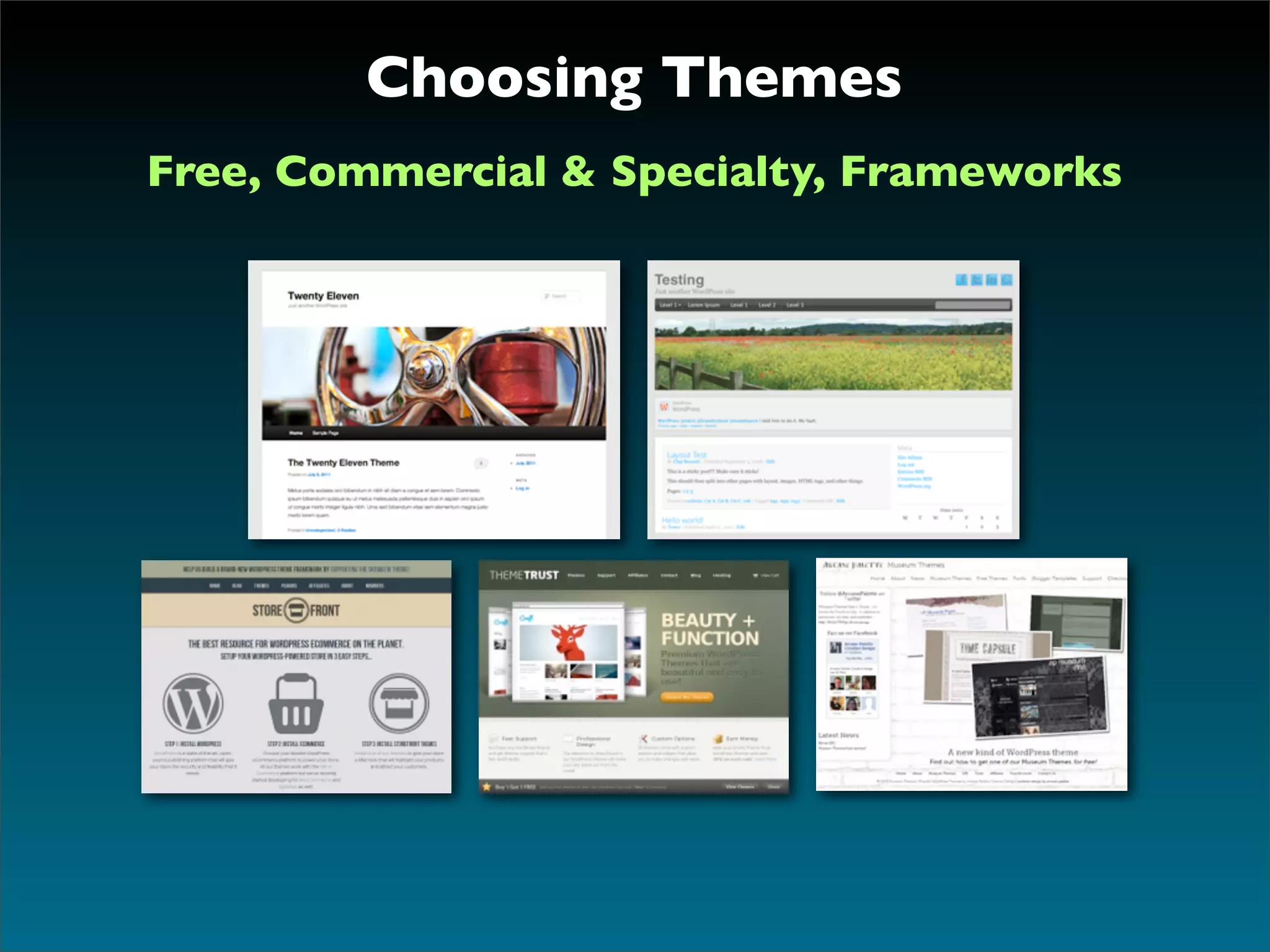 Choosing Themes
Free, Commercial & Specialty, Frameworks
 