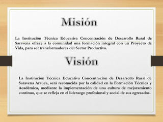 La Institución Técnica Educativa Concentración de Desarrollo Rural de
Saravena ofrece a la comunidad una formación integral con un Proyecto de
Vida, para ser transformadores del Sector Productivo.
La Institución Técnica Educativa Concentración de Desarrollo Rural de
Saravena Arauca, será reconocida por la calidad en la Formación Técnica y
Académica, mediante la implementación de una cultura de mejoramiento
continuo, que se refleja en el liderazgo profesional y social de sus egresados.