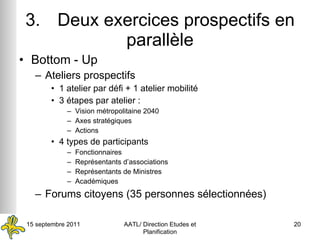3. Deux exercices prospectifs en parallèle Bottom - Up Ateliers prospectifs 1 atelier par défi + 1 atelier mobilité 3 étapes par atelier : Vision métropolitaine 2040 Axes stratégiques Actions 4 types de participants Fonctionnaires Représentants d’associations Représentants de Ministres Académiques Forums citoyens (35 personnes sélectionnées) 